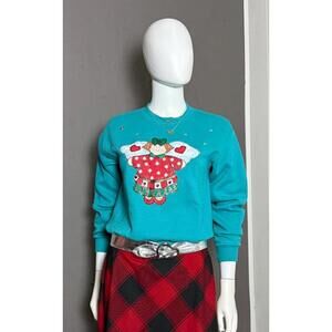 1980's Christmas Angel Sweatshirt Teal Handmade 80's Holiday Sweater XS/S